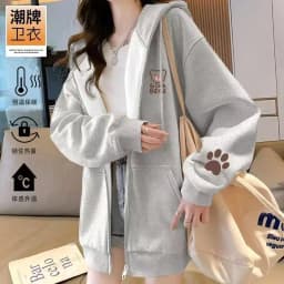 Korean Style Fleece Lined Oversized Hooded Cardigan Women's Autumn Winter Zipper Cartoon Print Top Coat Trendy Streetwear