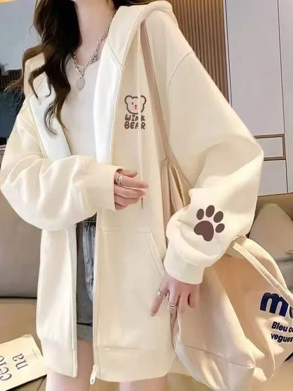 Korean Style Fleece Lined Oversized Hooded Cardigan Women's Autumn Winter Zipper Cartoon Print Top Coat Trendy Streetwear