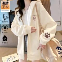 Korean Style Fleece Lined Oversized Hooded Cardigan Women's Autumn Winter Zipper Cartoon Print Top Coat Trendy Streetwear