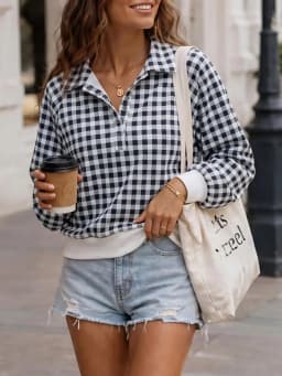 2026 Women Black White Gingham Blouse Lapel Collar Half Button Lantern Long Sleeve Loose Casual Plaid Shirt Tops