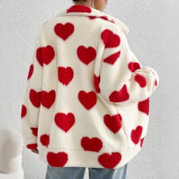 Autumn Winter Plush Love Print Cardigan Coat Women Fashion Loose Lapel Zipper Fluffy Coats Comfortable Casual Female Clothing