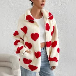 Autumn Winter Plush Love Print Cardigan Coat Women Fashion Loose Lapel Zipper Fluffy Coats Comfortable Casual Female Clothing