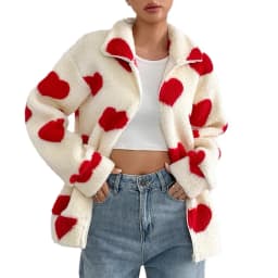 Autumn Winter Plush Love Print Cardigan Coat Women Fashion Loose Lapel Zipper Fluffy Coats Comfortable Casual Female Clothing