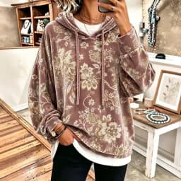 Women Vintage Floral Print Velvet Hoodie Long Sleeve Drawstring Pullover Casual Loose Fall Flower Pattern Streetwear Sweatshirts