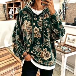 Women Vintage Floral Print Velvet Hoodie Long Sleeve Drawstring Pullover Casual Loose Fall Flower Pattern Streetwear Sweatshirts