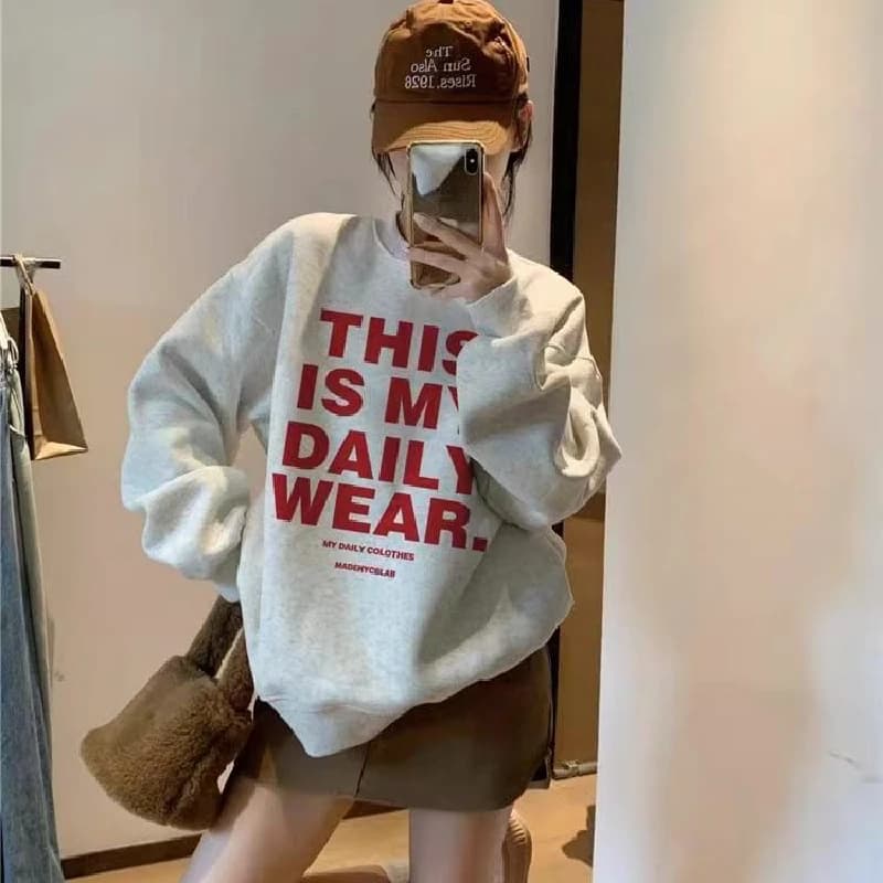 Winter Thickened Long Sleeve Sweatshirt Lazy Style Oversized Hoodie Fleece Women's round Neck Personalized Letter Print Top