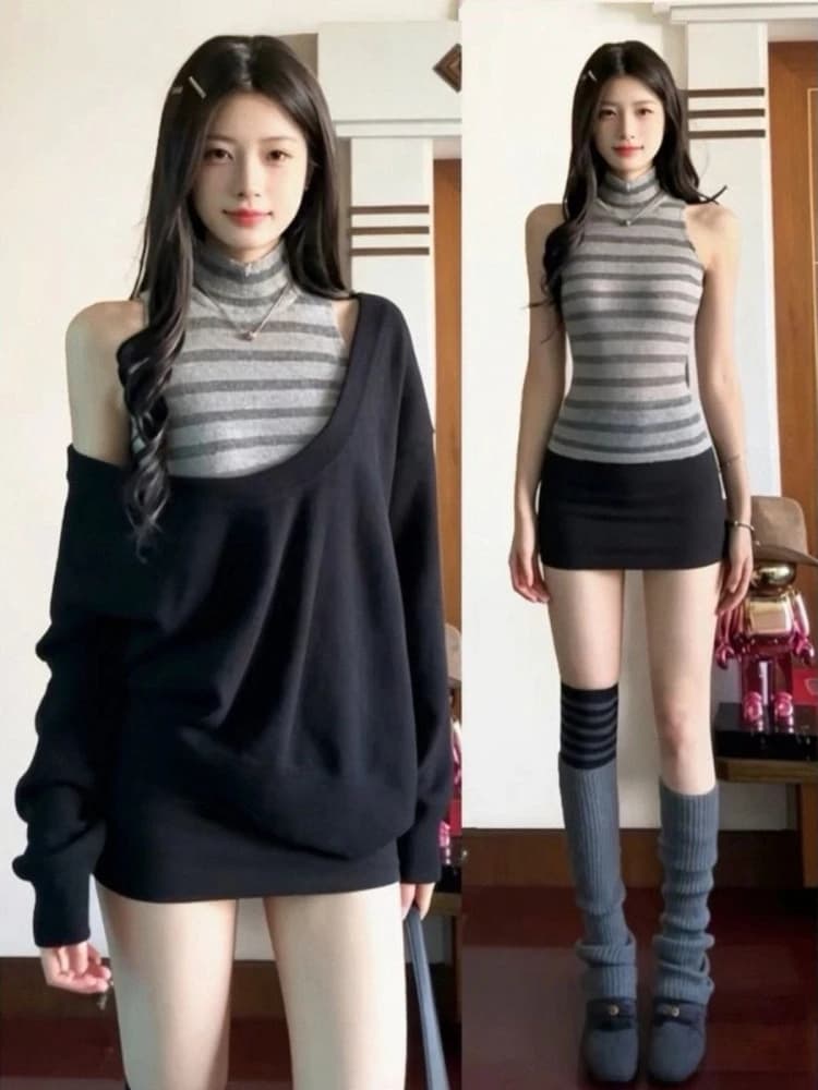 2026 Two-piece Set Streetwear Casual Grunge Hoody + Sleeveless Vintage Turtleneck Stripe Slim Fit Vest 2k Aesthetic Loose Suit