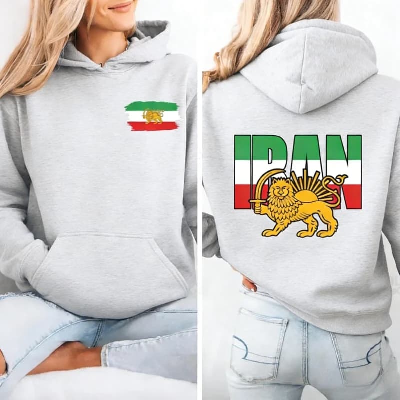 Lion and Sun Iran Sweatshirt Persian Flag Graphic Shirt Shir-o-Khorshid Emblem Iranian Heritage Shirt Patriotic Gifts Front Back
