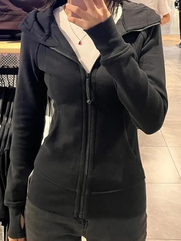 Slim Fit Zipper Hoodie Jacket Women's Pure Color Cardigan Spring Autumn New Style Casual Versatile Long Sleeve Thermal Top