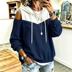Women Off Shoulder Hooded Sweatshirt Sleeveless Fake Two‑Piece Pullover Casual Long Sleeve Blouse Daily Streetwear Tops