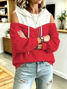 Women Off Shoulder Hooded Sweatshirt Sleeveless Fake Two‑Piece Pullover Casual Long Sleeve Blouse Daily Streetwear Tops