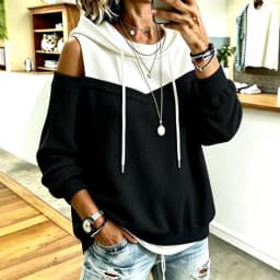 Women Off Shoulder Hooded Sweatshirt Sleeveless Fake Two‑Piece Pullover Casual Long Sleeve Blouse Daily Streetwear Tops