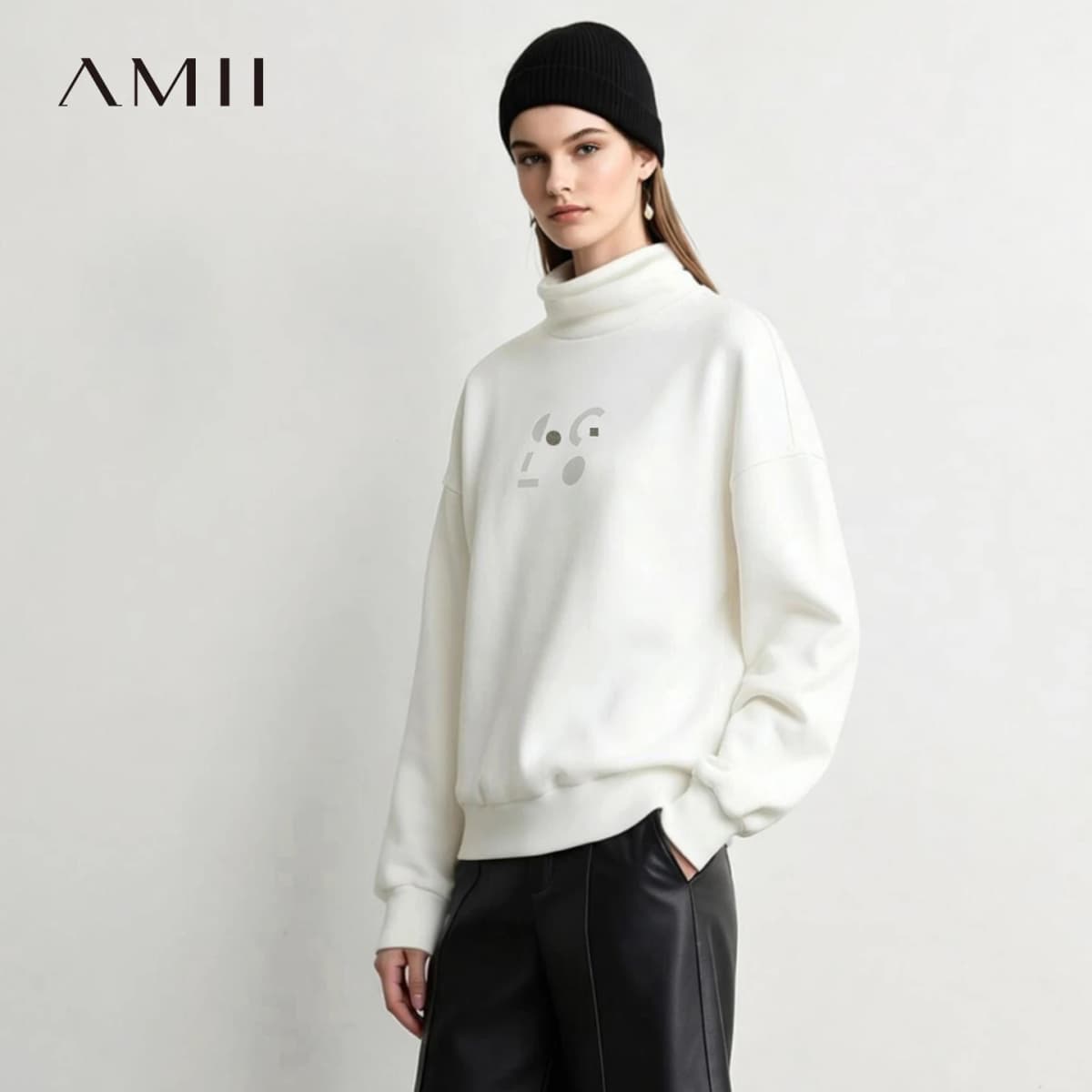 Amii Mock Neck Fleece Lined Sweatshirt Drop Shoulder Oversized Slimming Casual Minimalist Winter Women's Sweaters 12614002