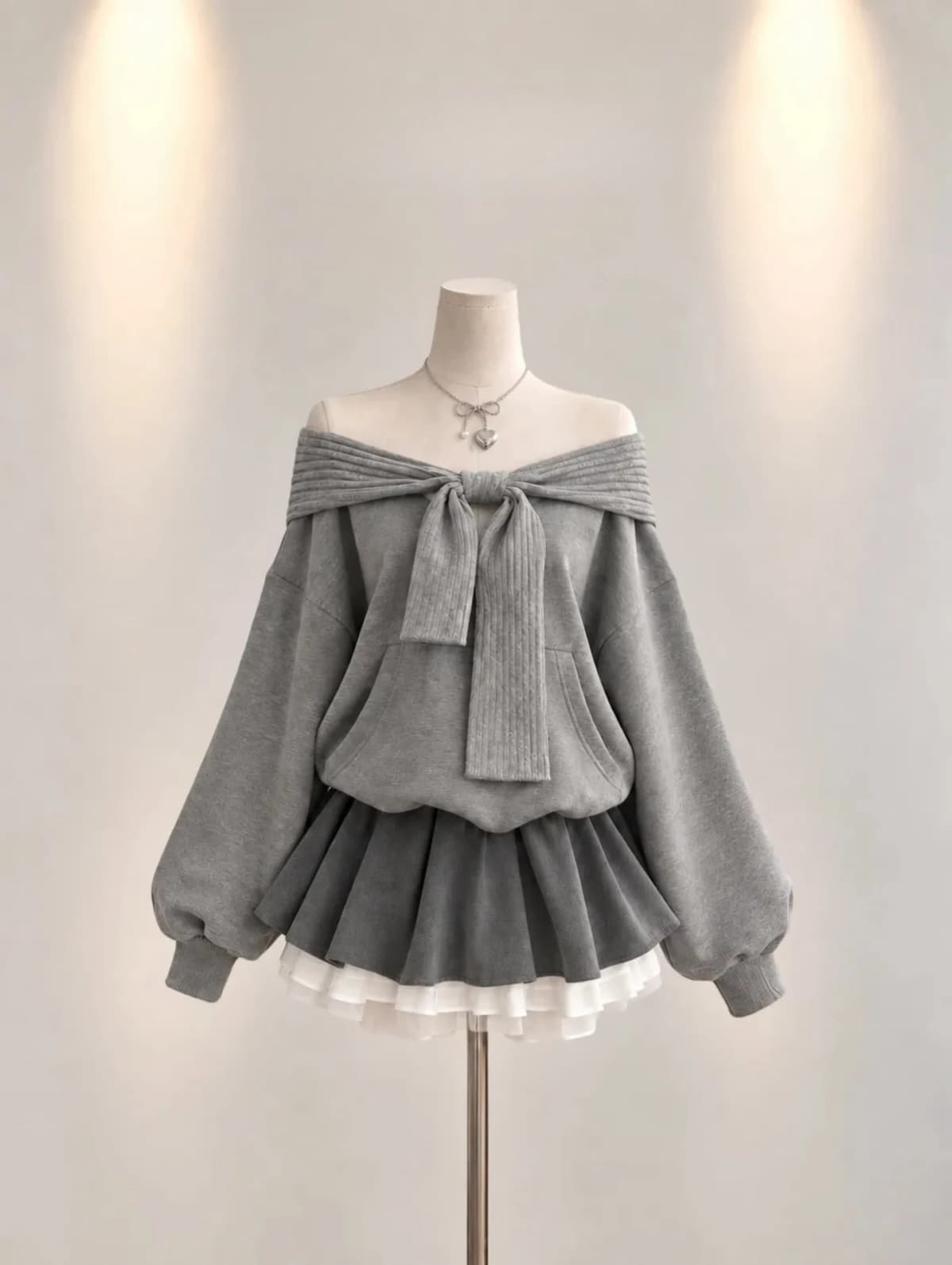 Women Off Shoulder Sweatshirt Big Knit Bow Lantern Long Sleeve Oversized Kangaroo Pocket Sweet Streetwear Fall Winter Top