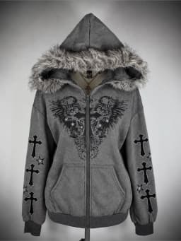 Y2K Streetwear Women Fax Fur Zipper Hoodie Long Sleeve Graphic Print Japanese Harajuku Punk Gothic Winter Outerwear Winter