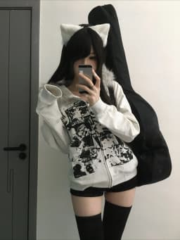 Y2K Streetwear Women Fax Fur Zipper Hoodie Long Sleeve Graphic Print Japanese Harajuku Punk Gothic Winter Outerwear Winter