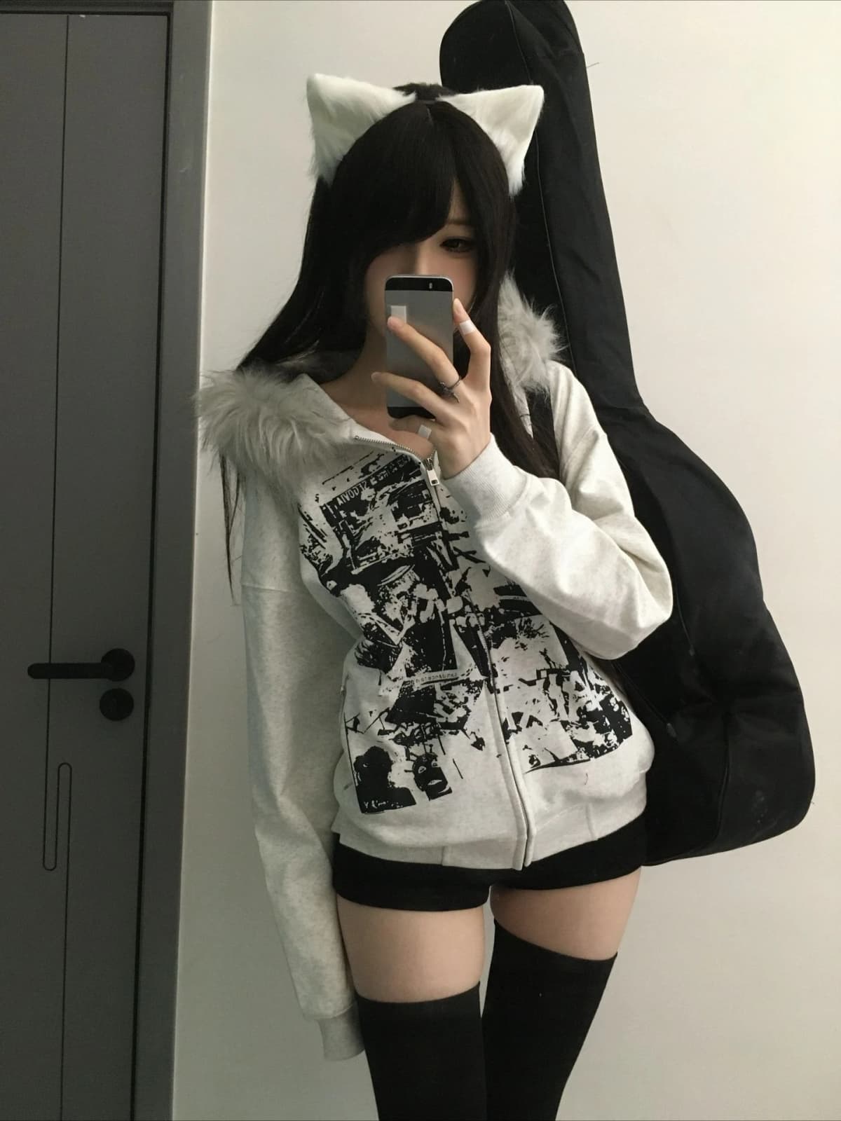 Y2K Streetwear Women Fax Fur Zipper Hoodie Long Sleeve Graphic Print Japanese Harajuku Punk Gothic Winter Outerwear Winter