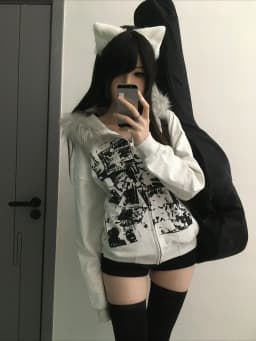 Y2K Streetwear Women Fax Fur Zipper Hoodie Long Sleeve Graphic Print Japanese Harajuku Punk Gothic Winter Outerwear Winter