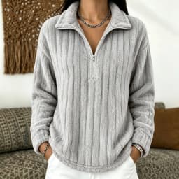 Women's Autumn Winter Turn Collar Ribbed Fleece-lined Warm Zip-up Long-sleeved Sweatshirt