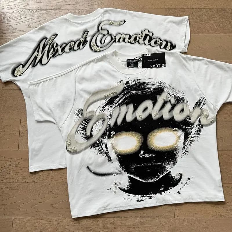 Mixed Emotion Embroidery Pearl Logo Sweatshirts Men Women Angel Print Tee 100% Cotton Streetwear Loose T-shirt