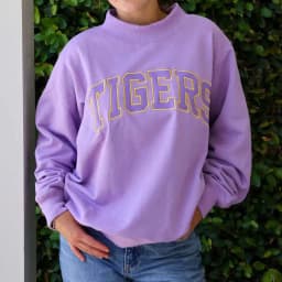 Women Vintage Preppy Casual Mock Neck Sweatshirt TIGERS Arch Letter Embroidery Oversized Drop Shoulder Long Sleeve Pullover Top