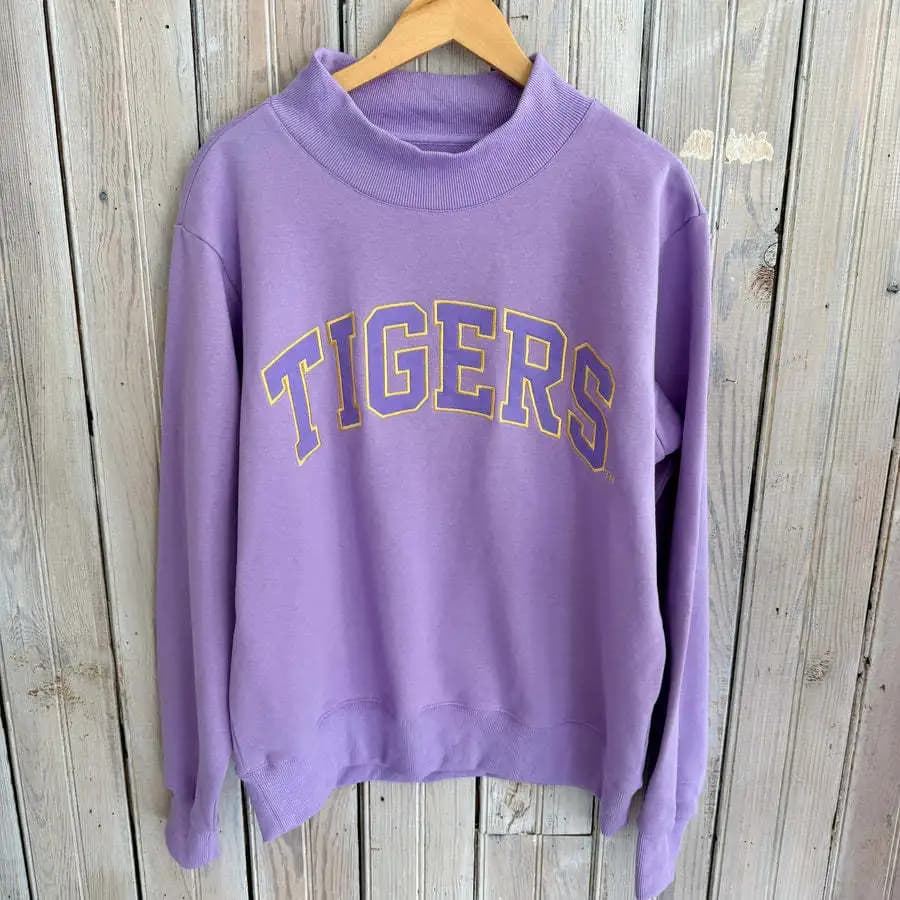 Women Vintage Preppy Casual Mock Neck Sweatshirt TIGERS Arch Letter Embroidery Oversized Drop Shoulder Long Sleeve Pullover Top
