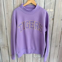 Women Vintage Preppy Casual Mock Neck Sweatshirt TIGERS Arch Letter Embroidery Oversized Drop Shoulder Long Sleeve Pullover Top