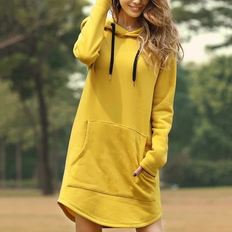 New Women's Long Sleeved Sweatshirt Dress Casual Pure Color Sweater Dress Fashion Pocket Hoodies Ladies Hooded Pullovers