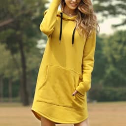 New Women's Long Sleeved Sweatshirt Dress Casual Pure Color Sweater Dress Fashion Pocket Hoodies Ladies Hooded Pullovers
