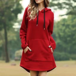 New Women's Long Sleeved Sweatshirt Dress Casual Pure Color Sweater Dress Fashion Pocket Hoodies Ladies Hooded Pullovers