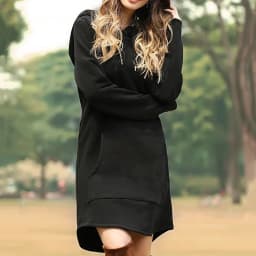 New Women's Long Sleeved Sweatshirt Dress Casual Pure Color Sweater Dress Fashion Pocket Hoodies Ladies Hooded Pullovers