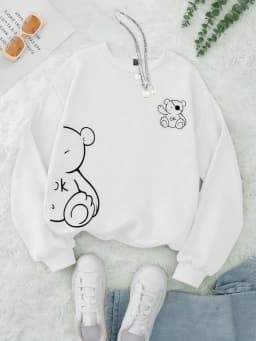 Autumn Winter Womans Sweatshirt Kawaii Ok Bear Graphic Printed Hoodies Comfortable O-Neck Fleece Soft Pullover Trend Sportswear
