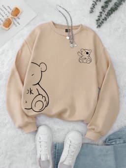 Autumn Winter Womans Sweatshirt Kawaii Ok Bear Graphic Printed Hoodies Comfortable O-Neck Fleece Soft Pullover Trend Sportswear