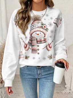New Christmas style hoodie women's long sleeved round neck casual pullover 3D fun Christmas snowman printed sweatshirt