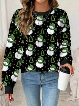 New Christmas style hoodie women's long sleeved round neck casual pullover 3D fun Christmas snowman printed sweatshirt