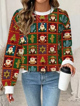 New Christmas style hoodie women's long sleeved round neck casual pullover 3D fun Christmas snowman printed sweatshirt