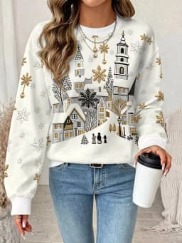 New Christmas style hoodie women's long sleeved round neck casual pullover 3D fun Christmas snowman printed sweatshirt