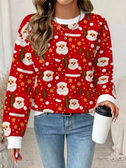 Fun Santa Claus print sports, women's autumn and winter long sleeved round neck casual loose hoodie pullover