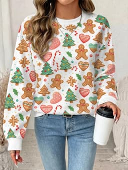 Fun Santa Claus print sports, women's autumn and winter long sleeved round neck casual loose hoodie pullover