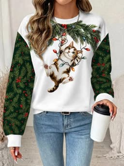 Fun Santa Claus print sports, women's autumn and winter long sleeved round neck casual loose hoodie pullover