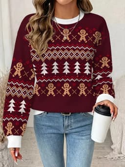 Fun Santa Claus print sports, women's autumn and winter long sleeved round neck casual loose hoodie pullover
