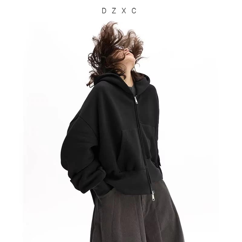 Irregular Sweatshirt~ Black Hooded Sweatshirt Women's Jacket, All-Cotton, Loose Fit, Casual, Slimming, New Autumn Style