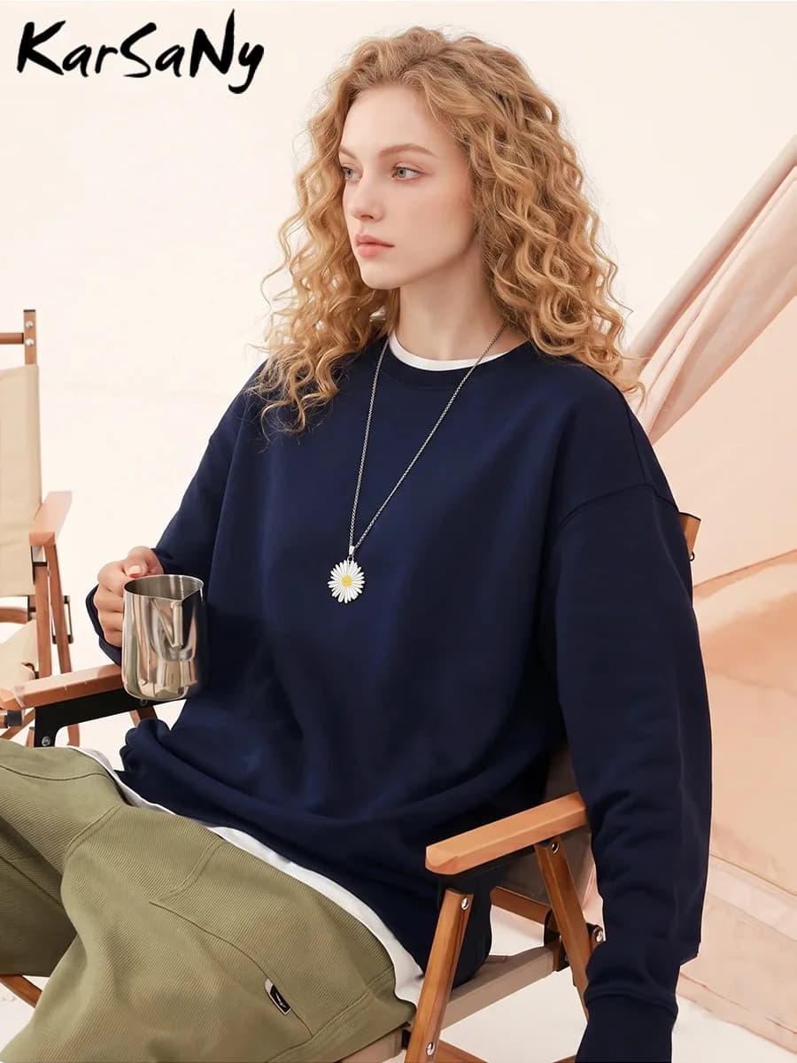 KarSaNy Oversize Sweatshirts For Women Autumn Crewneck Loose Pullovers Cotton Sports Tops Women Sweatshirts Navy Blue Casual