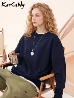 KarSaNy Oversize Sweatshirts For Women Autumn Crewneck Loose Pullovers Cotton Sports Tops Women Sweatshirts Navy Blue Casual