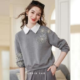 LOUIS YAO Beaded Floral Embellished Women's Sweatshirt 2026 Spring/Autumn Pullover Sweet Style Sequin-Detailed Loose-Fit Hoodies