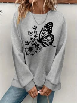 Women's Autumn and Winter Casual Loose Warm Print Comfortable Plus Velvet Long-Sleeved Round Neck Sweatshirt
