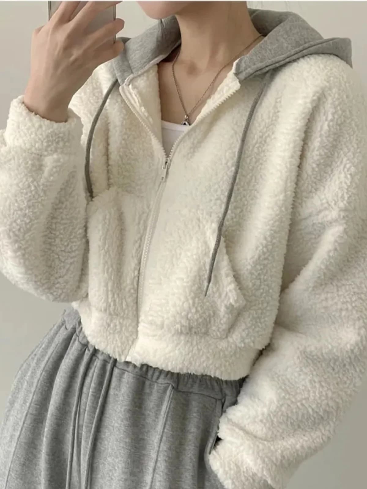Lamb Fur Collar Short Coat Women's Autumn Winter Thickened Zipper Hooded Jacket Korean Style Contrast Color Open Cardigan