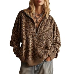 Women's Autumn Autumn Zipper Loose Hoodies Sweatshirt Turn Collar Leopard Print Long Sleeve Pullover