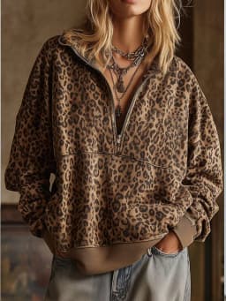Women's Autumn Autumn Zipper Loose Hoodies Sweatshirt Turn Collar Leopard Print Long Sleeve Pullover