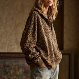 Women's Autumn Autumn Zipper Loose Hoodies Sweatshirt Turn Collar Leopard Print Long Sleeve Pullover